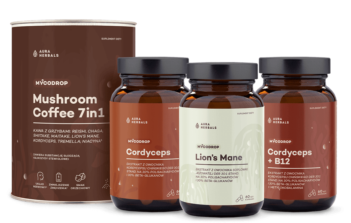 Produkty MycoDrop - kawa z grzybami, Cordyceps, Lion's Mane