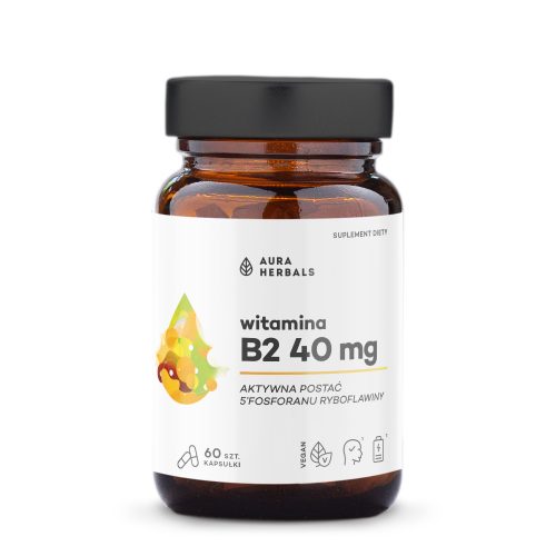 Butelka z brązowego szkła z etykietą Witamina-B2-40-mg-ryboflawina-kapsułki-60szt-PL_1500x1500 (1), zawierająca 60 wegańskich kapsułek, z ikonami oznaczającymi produkt wegański, nadający się do recyklingu i suplement diety.