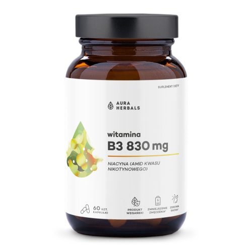 Butelka z brązowego szkła z etykietą Witamina B3 830 mg-niacyna-kapsułki 60 szt od Aura Herbals, zawierająca 60 wegańskich kapsułek niacyny, pokazana na białym tle.