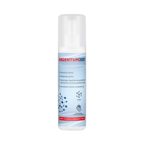 Butelka sprayu do pielęgnacji skóry argentum-200-srebro-krwawnik-150ml_mockup_1500x1500 z białą nakrętką i niebieską etykietą zawierającą informacje o produkcie i symbole.