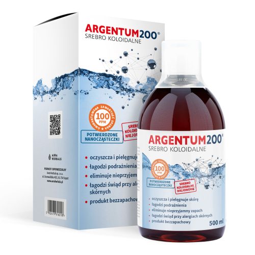 Butelka o pojemności 500 ml z produktem „srebro-koloidalne-100ppm-argentum”, opatrzona etykietą w języku polskim i dostarczona wraz z opakowaniem, zawiera grafiki przedstawiające cząsteczki oraz szczegółowe informacje o produkcie, jego zastosowaniach i zaletach.