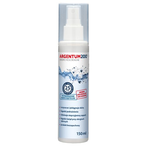 Butelka z atomizerem o pojemności 150 ml zawierająca srebro koloidalne 25 ppm (argentum aerozol 150 ml – makieta 2000x2000), z etykietą zawierającą informacje o produkcie w kolorach niebieskim, czerwonym i białym.