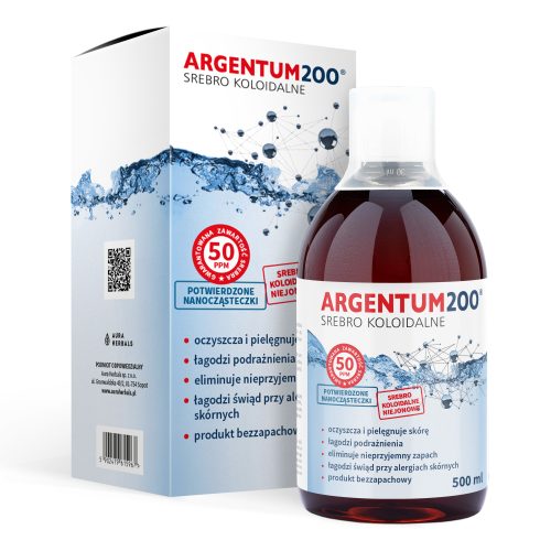 Butelka o pojemności 500 ml zawierająca „srebro koloidalne 50 ppm – argentum”, przedstawiona wraz z opakowaniem opatrzonym polskim tekstem i grafikami przedstawiającymi cząsteczki, podkreśla stężenie 50 ppm oraz nanocząsteczki srebra.