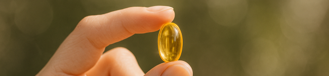 Zbliżenie dłoni trzymającej półprzezroczystą żółtą kapsułkę z witaminą d Aura Herbals