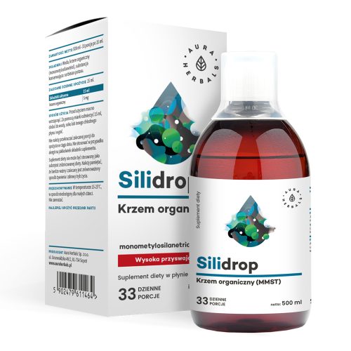 Butelka i pudełko suplementu diety Silidrop-krzem-MMST-plyn o pojemności 500 ml, z polskim brandingiem i detalami; formuła krzemu organicznego MMST.