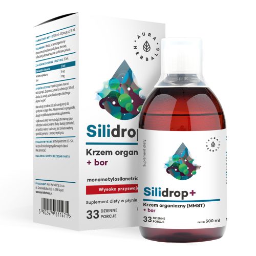 Butelka 500ml i pudełko Silidropbor-krzem-MMST-plyn suplement diety z krzemem organicznym i borem, polska etykieta, zapewnia 33 porcje dzienne.