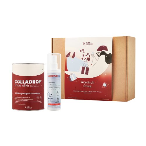 Zestaw świąteczny Kolagen + Srebro Argentum200®_1500x1500 (1) zawiera puszkę Colladrop Xmas Elixir, butelkę z rozpylaczem oraz świąteczne pudełko prezentowe z ilustracją kobiety trzymającej prezenty.