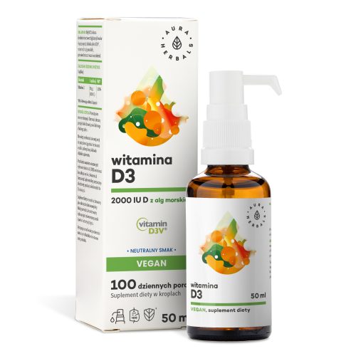 Butelka 50 ml Aura Herbals Witamina D3 2000IU Vegan (witamina-d3-2000IU-vegan-50ml-PL_2000x2000) z pudełkiem, z białą etykietą i kolorowym wzorem kropli.