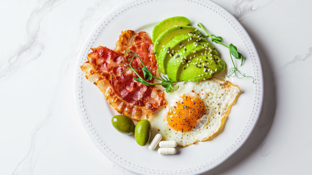 Talerz z produktami keto i notatką warto uzupełniać dietę ketogeniczną stosowaniem suplementów które uzupełniają brakujące składniki odżywcze