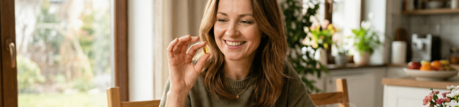 Kobieta przyjmuje kwasy omega-3 rano podczas śniadania dla lepszego wchłaniania