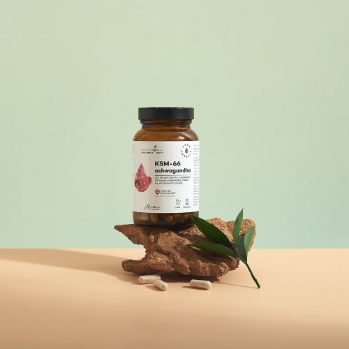 Brązowa butelka z napisem „Ashwagandha-KSM-66-200-mg-120-kapsulek-1500x1500-1” spoczywa na kawałku drewna, a obok niej leży zielony liść i trzy kapsułki; całość na tle w kolorze beżowym i jasnozielonym.