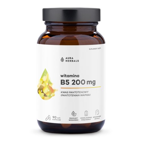 Na białym tle widoczna jest brązowa szklana butelka z etykietą „Witamina-B5-200mg-kwas-pantotenowy-kapsułki-90-szt_mockup_2000x2000”, zawierająca 90 wegańskich kapsułek.