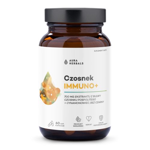Brązowa butelka z etykietą o numerze 5292b2ee-1b69-49ca-9534-69894f56f759 zawiera 60 wegańskich kapsułek z ekstraktami z czosnku, cynamonu i czarnego bzu, które wzmacniają odporność.