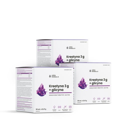 Na białym tle widoczne są trzy opakowania produktu „Zestaw Kreatyna 3 g + glicyna na 3 miesiące – 2000x2000”, przedstawiające szczegóły opakowania zarówno z przodu, jak i z boku.