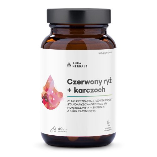 Brązowa butelka firmy Aura Herbals z etykietą o numerze eeef4812-3c76-417d-b966-4e75e1253c37, zawierająca 60 kapsułek z czerwonym ryżem drożdżowym i ekstraktem z liści karczocha.