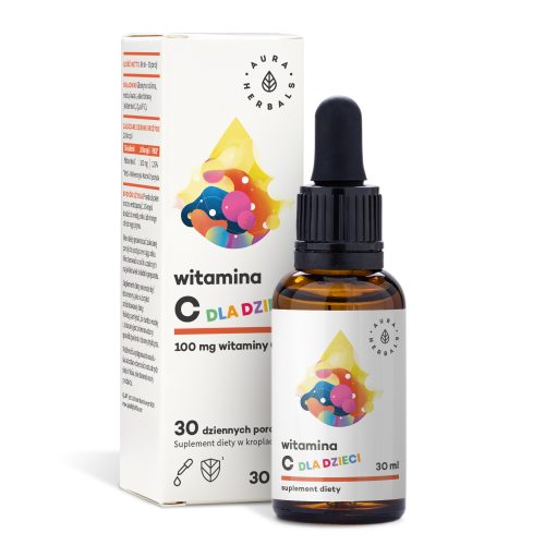 Buteleczka z zakraplaczem o pojemności 30 ml oraz opakowanie z napisem „witamina-c-dzieci-krople-30ml-PL_2000x2000” z kolorową grafiką, sprzedawane jako suplement diety zawierający witaminę C dla dzieci.