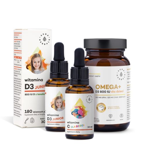 Trzy preparaty witaminowe dla dzieci z zestawu „zestaw-JUNIOR-OMEGA+-Aura-Herbals-2000x2000”, zawierające Omega+ D3 800 IU w słoiczku oraz dwie buteleczki Witamina D3 Junior z zakraplaczami, są zaprezentowane wraz z opakowaniami.