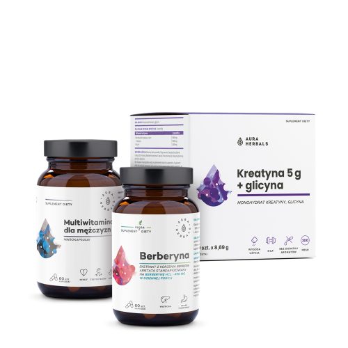 Trzy suplementy diety firmy Aura Herbals z zestawu „zestaw-dla-niego-2000x2000”: dwie brązowe butelki z napisami „Multivitamin for Men” i „Berberine” oraz białe opakowanie z napisem „Creatine 5g + Glycine”.