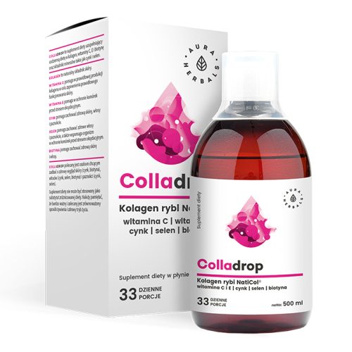 Butelka płynnego suplementu „colladrop_plyn_500ml_mockup_biale-tlo_700x700” wraz z opakowaniem, z różową grafiką i elementami identyfikacji wizualnej. Na etykiecie wymieniono składniki, w tym kolagen, witaminy, cynk, selen i biotynę.