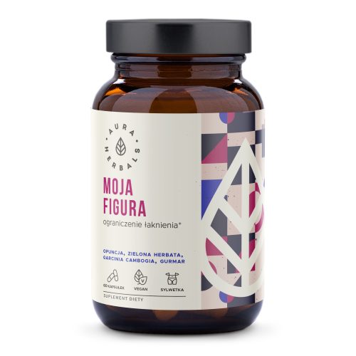Brązowa szklana butelka z etykietą „moja-figura-laknienie-kapsulki-60szt-PL-2000x2000-1” ma geometryczny wzór oraz symbole wskazujące, że produkt jest wegański i stanowi suplement diety; zawiera 60 kapsułek wspomagających kontrolę apetytu.