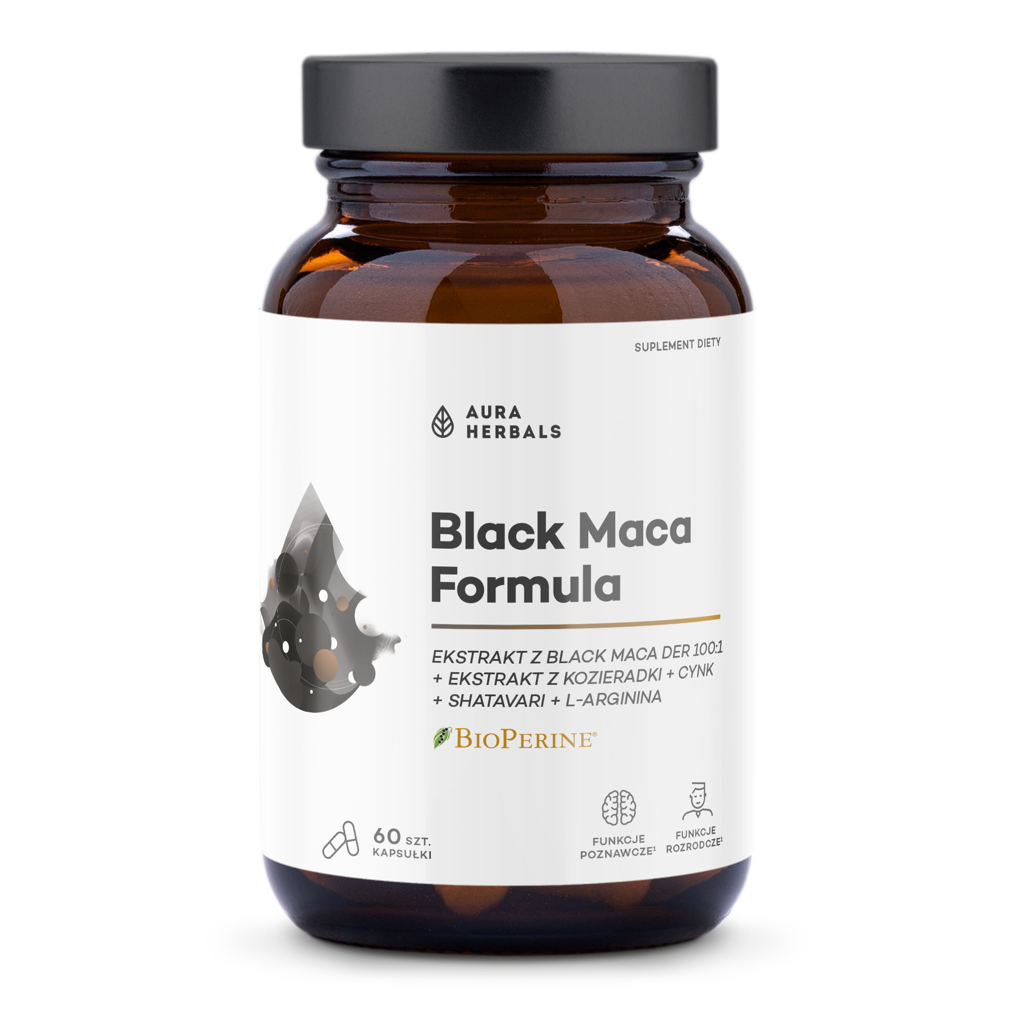 Brązowa szklana butelka z etykietą „110f3ddb-2f81-401a-bdbc-219c92b55f37” firmy Aura Herbals, zawierająca 60 kapsułek. Na etykiecie wymieniono składniki, a jej motywem przewodnim jest czarna kropla.