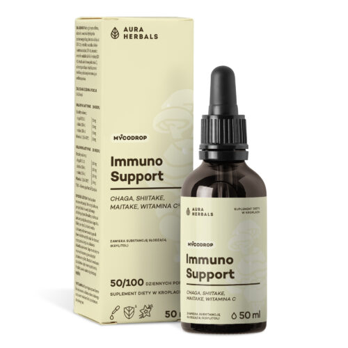 Butelka o pojemności 50 ml płynnego suplementu 72c690a0-1472-4845-a311-a5b88e08df7c z zakraplaczem, umieszczona obok opakowania produktu. Na etykiecie wśród składników wymieniono grzyby chaga, shiitake i maitake oraz witaminę C.