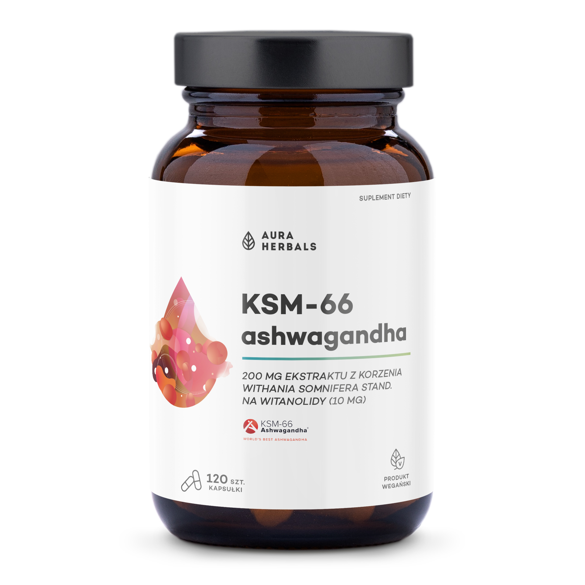 Brązowa butelka z etykietą o numerze 8953f019-6a22-4149-85c0-9f35864c3225, zawierającą informacje w języku polskim, jest przedstawiona na białym tle, a na etykiecie widnieje liczba 120 kapsułek.
