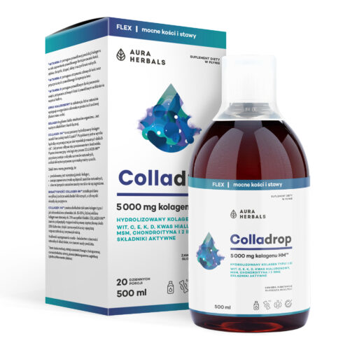 Butelka i opakowanie suplementu kolagenowego Colladrop Flex, kolagen morski 5000 mg, płyn 500 ml