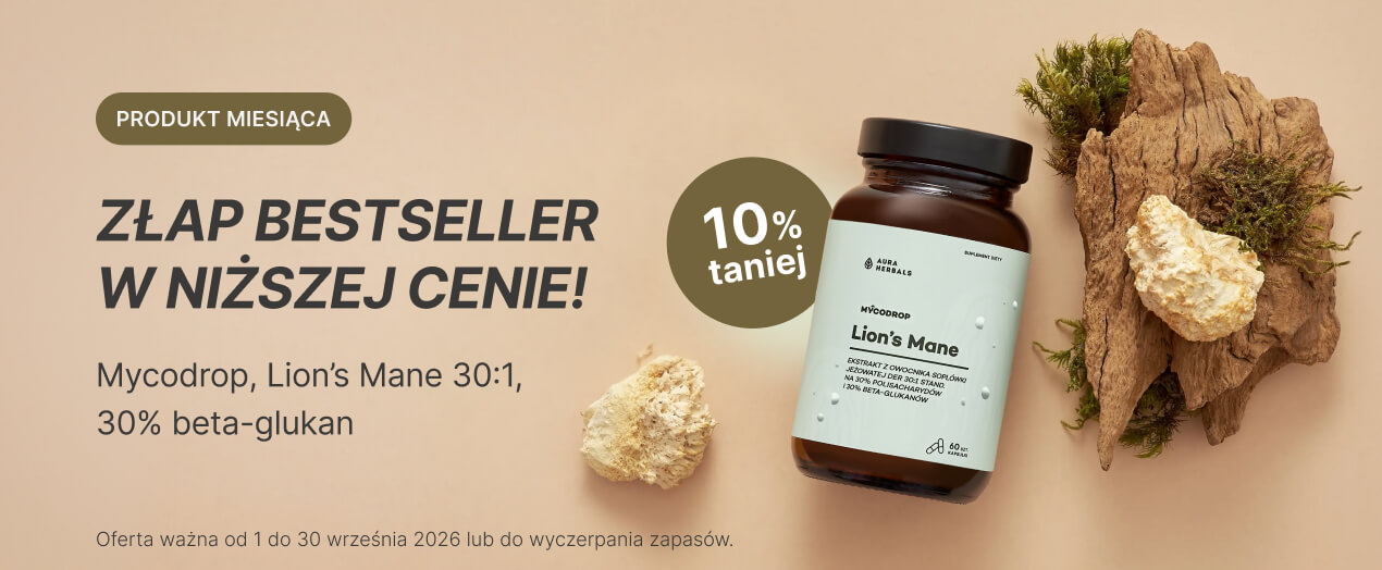 Na brązowym tle stoi słoik z napisem „baner sprawdź_mały_635x262 (7)” – suplement diety z grzybami – obok kawałków suszonych grzybów i metki z rabatem, a tekst podkreśla specjalną ofertę miesięczną.
