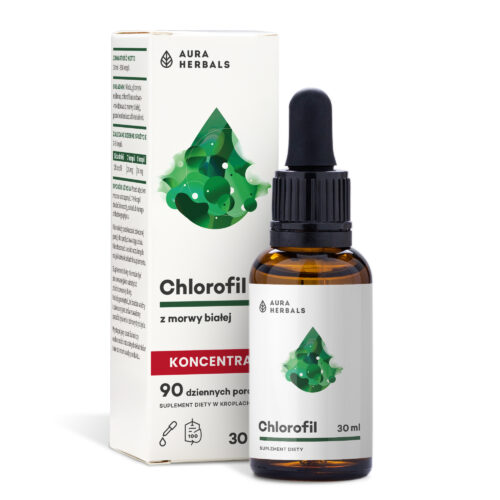 Butelka o pojemności 30 ml płynnego suplementu o numerze cdd7b920-0d7d-447b-a6f0-20a0197e4a88 z zakraplaczem, przedstawiona na tle opakowania produktowego z etykietą w języku polskim.