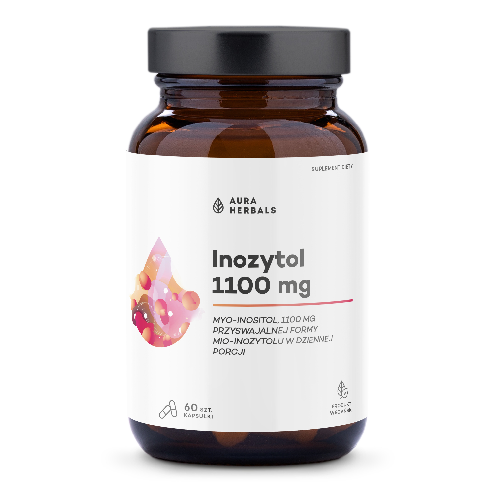Brązowa butelka firmy Aura Herbals z etykietą o numerze f9520e27-13f8-45b9-b92c-79566cd1337d, zawierająca 60 wegańskich kapsułek z inozytolem (1100 mg), z polskim tekstem i kolorową grafiką przedstawiającą kroplę na przedniej stronie.