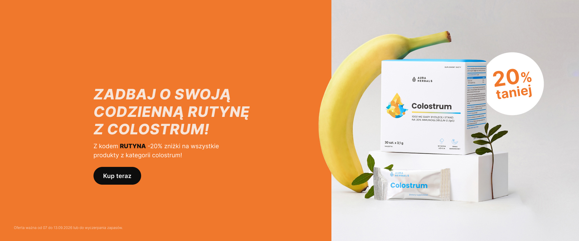 Pudełko i saszetka z suwakiem desktop_1920x800 (1) – suplement z siarą obok banana, z polskim tekstem promującym 20-procentową zniżkę na produkty z siarą.