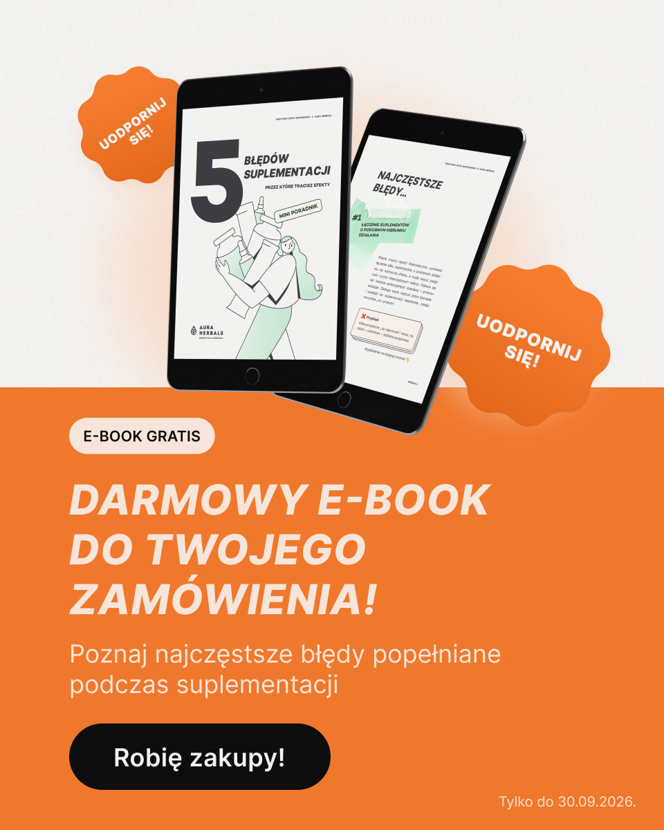 Na dwóch urządzeniach cyfrowych widoczna jest okładka i strona wewnętrzna e-booka „slider mobile_480x600 (24)”. W polskim tekście informuje się o bezpłatnym e-booku na temat błędów związanych z suplementami, który otrzymuje się przy zakupie, a przycisk zawiera napis „Kup teraz!”. Oferta ważna do 30.09.2026 r.