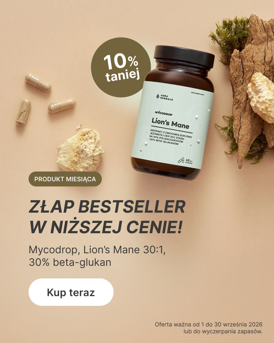 Na beżowym tle widoczna jest butelka suplementu „slider mobile_480x600_lion” Lions Mane z plakietką z 10% zniżką oraz przyciskiem „Kup teraz” umieszczonym pod opisem produktu – wszystko w języku polskim.